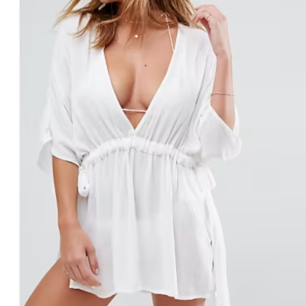 Asos White Channel Waist Beach Crinkle Gauze Light Cover Up Swim Resort Vacation